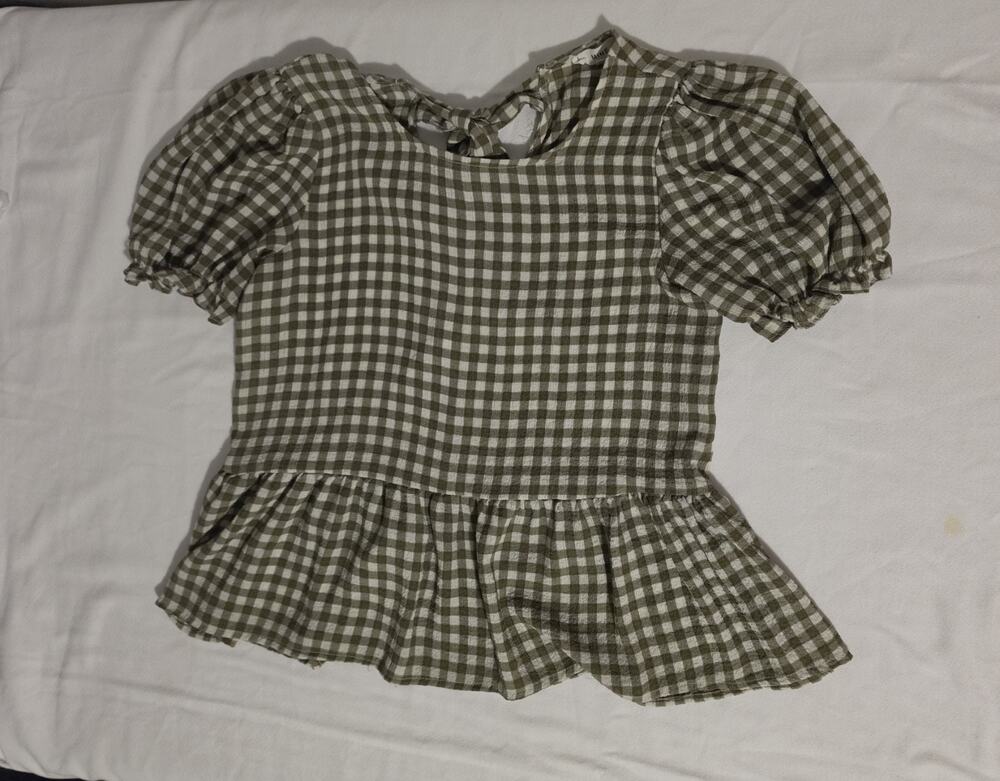 MINE Women Small Olive Green Gingham Peplum Top Puff Sleeve Tie Back Cottagecore